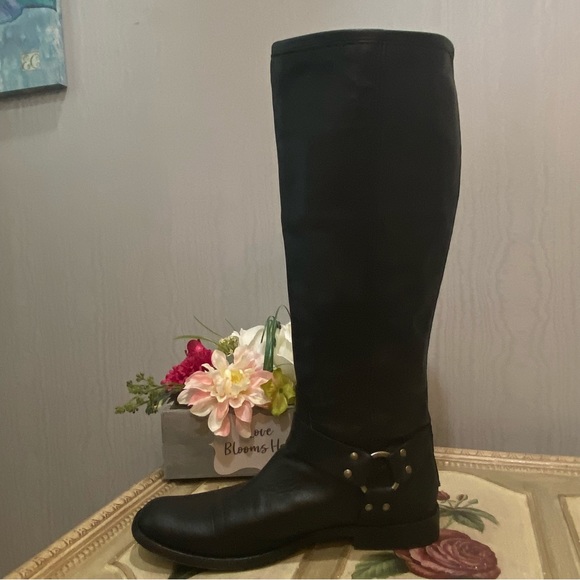 Frye Phillip Tall Black Leather Boots Back Zip Moto Equestrian Harness Sz 9.5 - Picture 6 of 16